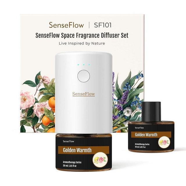 SenseFlow SF101 Waterless Ultrasonic Essential Oil Diffuser–100% Plant-Based,120-Day Natural Air Freshener & Aromatherapy Diffuser for Home,Hotel,Studio–Covers up to 100㎡-Golden Warmth