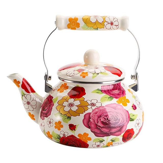 Jucoan Vintage Enamel Tea Kettle, 2.6 Quart Large Rose Floral Enamel on Steel Teapot with Porcelain Handle for Stovetop
