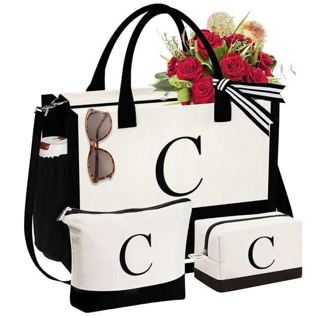 YOOLIFE Valentines Day Gifts - 3 Pcs Initial Canvas Tote Bag & Makeup Bag Personalized Birthday Gifts for Women
