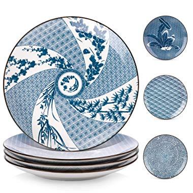 Y YHY Porcelain Dinner Plate Set, 10 Inches Serving Plates, Assorted Patterns, Blue and White, Set of 4
