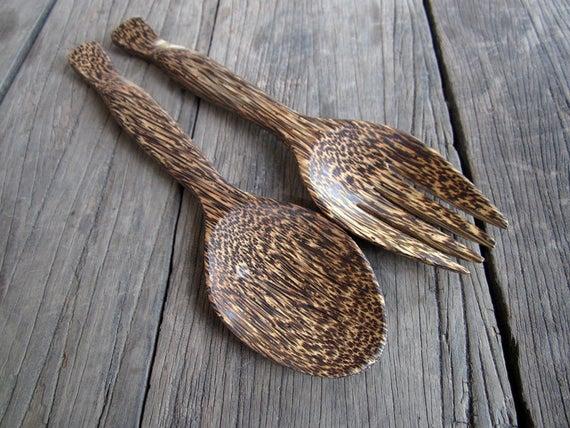 Wooden Salad Spoon & Fork Palm Wood Utensils Kitchen Gadget