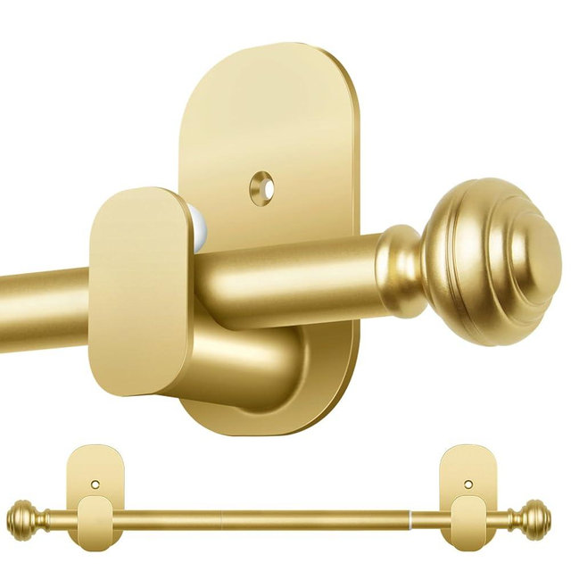 KAMANINA Curtain Rods No Drilling for Windows 32 to 58 Inches, 5/8 Inch Diameter Adjustable Single Drapery Pole with Adhesive Brackets, Gold