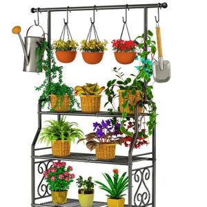 GIOTORENT Plant Stand Indoor, 3-Tier Heavy Duty Metal Shelf for Patio & Indoor, Tall Plant Holds 14+ Plants with 5 Hooks, Rust-Proof Plant Holder for Garden, Balcony, Living Room, Black