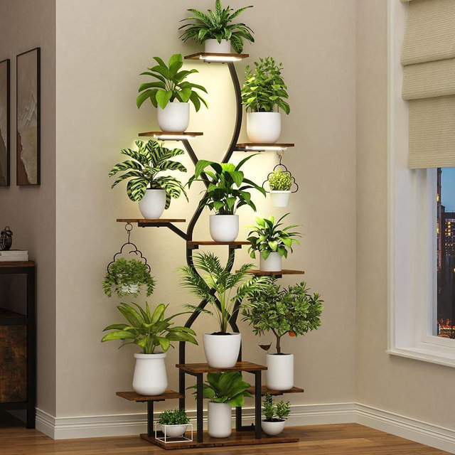 Coumy 63" Plant Stand Indoor with Grow Lights 10 Tier Indoor Plant Shelf X Shape Plant Shelf for Indoor Plant Multiple Metal Corner Plant Stand Plant Holder Plant Rack Indoor