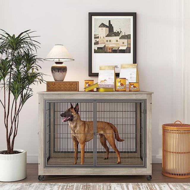 IchbinGo Dog Crate Furniture, Wooden Dog Crate Table, 43.7" Dog Kennel with 3 Doors, Flip-up Top Opening and Wheels, Decorative Pet Crate Dog House for Large/Medium/Small Dog Indoor Use (Rustic Grey)