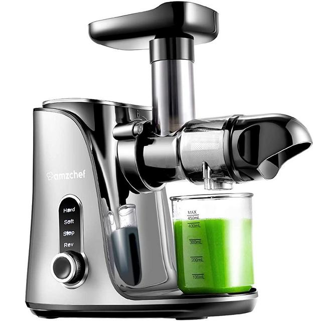Juicer Machines, AMZCHEF Slow Masticating Juicer Extractor, Cold Press Juicer with Two Speed Modes, 2 Travel bottles(500ML), LED display, Easy to Clean Brush & Quiet Motor for Vegetables&Fruits,Gray