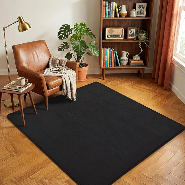 Amearea 5x5 Square Area Rugs for Bedroom Living Room, Modern Black Thickened Memory Foam Rug, Fluffy Indoor Washable Rugs Non Slip Minimalist Carpet for Kids Boys Girls Dorm Nursery Room Decor