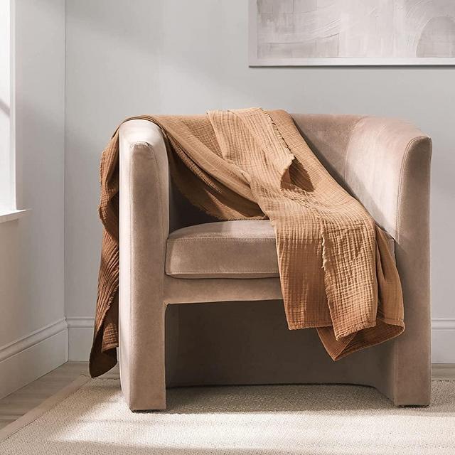 Nate Home by Nate Berkus Lightweight Cotton Washed Gauze Textured Weave Throw Blanket | Breathable, All-Season Decoration for Bedding from mDesign - Bronze (Camel)