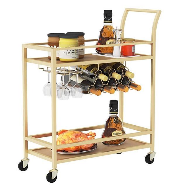 JBBCN Wine Bar Serving Cart for Home, Wine Trolley Rolling Bar Cart with Wheels, Handle, Metal Wood Wine Rack Storage, Glass Bottle Holder for Kitchen, Club, Living Room, Bar