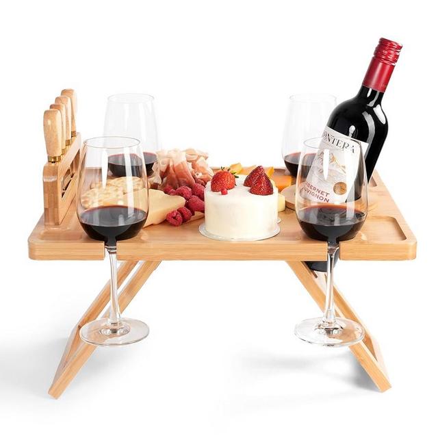Charcuterie Picnic Table, Portable Wine Charcuterie Table, Outdoor Portable Wine Table, Cheese Lover Gift, Includes 4 Cheese Knives (Gold) and Detachable Cheese Knife Stand