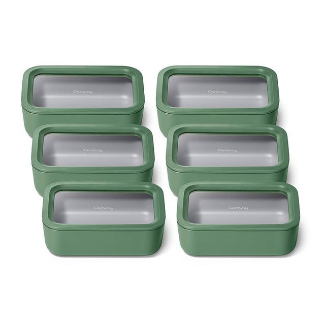Caraway Glass Food Storage – Meal Prep Bundle – 6 Medium (6.6 Cup) Food Containers - Ceramic Coated - Non Toxic, Non Stick Containers with Glass Lids - Microwave Safe - Sage