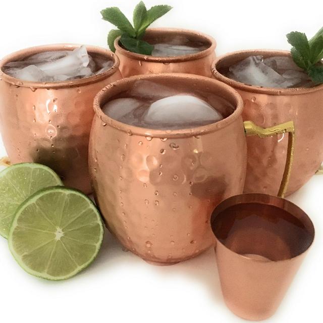 Official Moscow Mule Copper Mug Gift Set by Sterling Chef with Pure Copper 16 Ounce Mugs Plus Bonus Shot Glass in 100% Hand Hammered Copper - Gift Set of 4 Mule Mugs