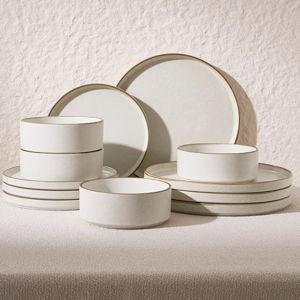 Famiware Nebula Plates and Bowls Sets, 12 Pieces Stoneware Dinnerware Sets, Reactive Glaze Dish Set, Dishes Set for 4, Matte Beige White with Brown Rim
