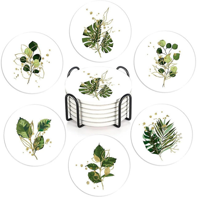 Drink Coasters with Holder,6 Pcs Green Plants Absorbent Ceramic Coasters with Cork Base,Cute Funny Table Drinks Coasters,Table Home Decor,4 Inches