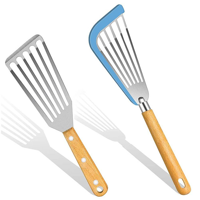 KLAQQED Fish Spatula, Silicone Fish Spatula for Nonstick Cookware, Flexible Metal Fish Spatula Stainless Steel Fish Spatula, Small Fish Slotted Spatula Turner, Spatulas Set, Wood Handle Fish Spatula