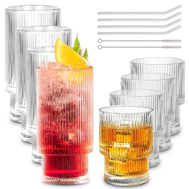 Combler Ribbed Glasses Drinking Set of 8, 4pcs 11oz Glass Cups with Straws & 4pcs 6oz Cute Cocktail Glasses, Goblets & Chalices Cups, Ribbed Glassware Set for Iced Coffee Wine, Housewarming Gifts