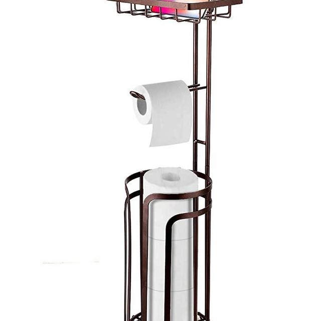 VEARMOAD Floor Toilet Tissue Paper Holder Stand with 3 Spare Rolls High Storage Rack, Top Functional Holder for Phone or Air Freshener, Perfect for Bathroom, RV - Bronze Red