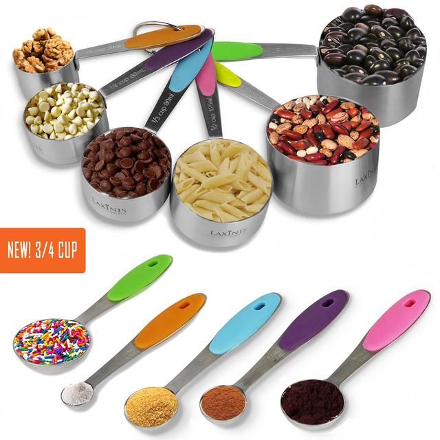 New Version 11 Piece Measuring Set By Laxinis World | Sturdy Stainless Steel Stackable 6 Measuring Cups and 5 Measuring Spoons With Soft Silicone Handles To Measure Dry and Liquid Ingredients