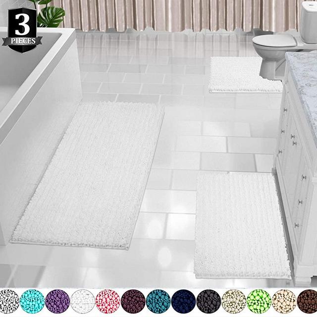 Yimobra 3 Piece Bath Mat Set, Extra Large Shaggy Chenille Bathroom Mats + Bathroom Rugs + Contour Toilet Mat, Soft and Comfortable, Water Absorbent and Thick, Non-Slip, Machine Washable, White