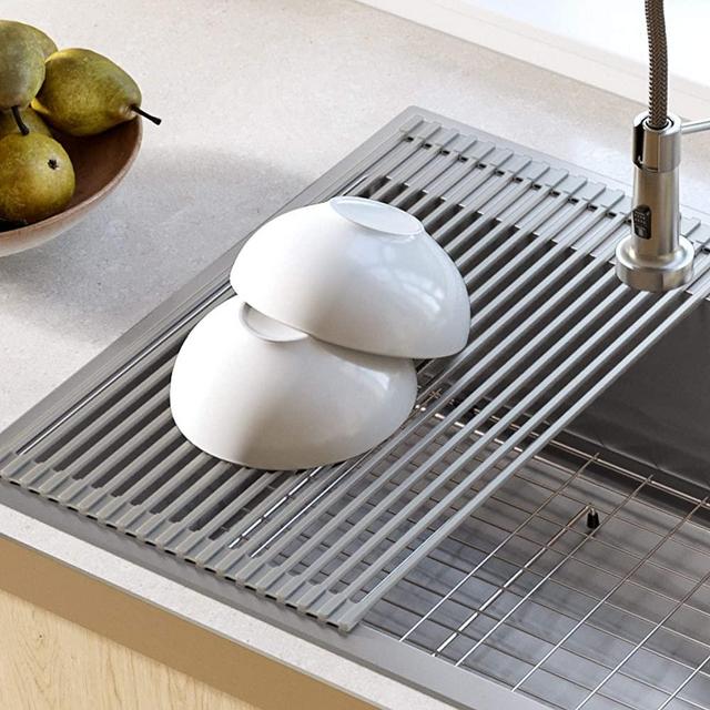 Kraus KRM-10GREY Silicone-coated stainless steel Over the Sink Multipurpose Roll-Up Dish Drying Rack, Grey
