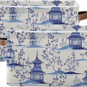Large Closet Storage Bin Pagodas Chinoiserie Fabric Storage Baskets Collapsible Decorative Baskets Organizing Basket Bin with PU Handles for Shelves Home Closet Bedroom Living Room-2Pack