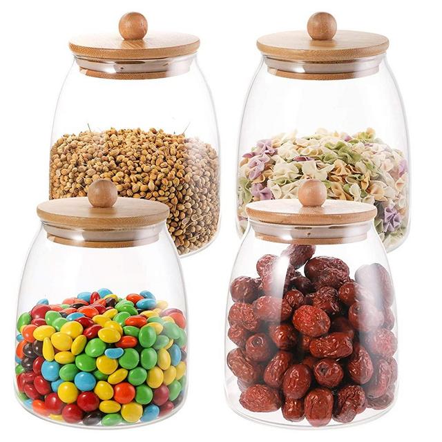 Suwimut 4 Pack Glass Food Storage Jar, 34 oz Round Clear Glass Food Storage Canister with Airtight Seal Bamboo Lids for Kitchen Tea, Spice, Candy, Cookie, Coffee