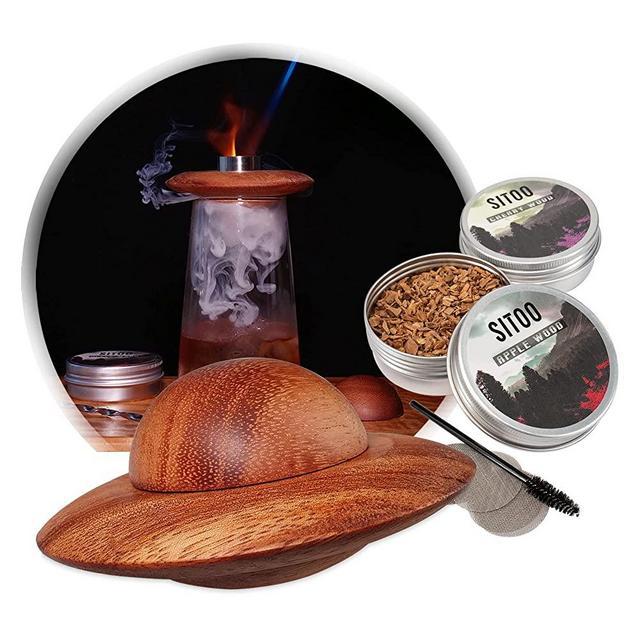 SITOO Cocktail Smoker Kit, Old Fashioned Bourbon Smoking Kit W/ Wood Shavings,Chimney Drink Smoker for Cocktails, Wine, Whiskey and Bourbon