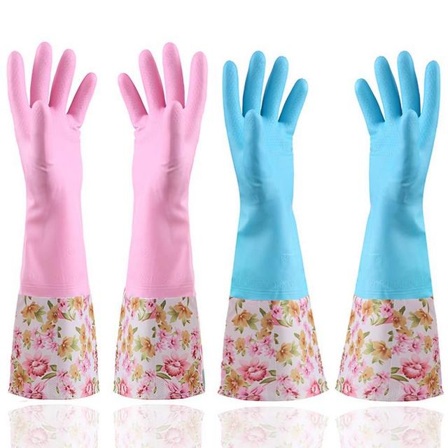 KINGFINGER Rubber Latex Waterproof Dishwashing Gloves,Long Cuff and Flock Lining Household Cleaning Gloves 2 Pair Medium