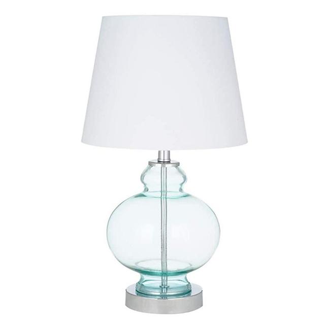 Amazon Brand – Ravenna Home Modern Round Table Lamp With LED Light Bulb - 17.50 Inches, Chrome with Blue Glass