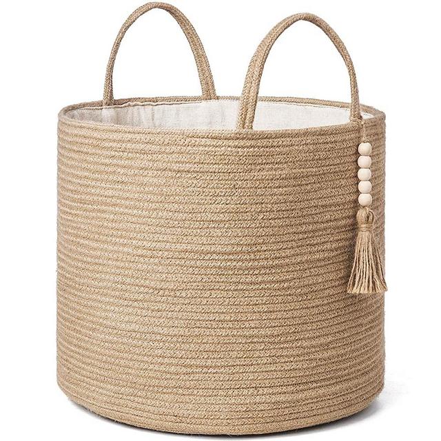 Mkono Decorative Woven Storage Basket Natural Jute Rope Basket Wooden Bead Decoration for Blankets,Toys,Clothes,Shoes,Plant Organizer Bin with Handles Living Room Farmhouse Home Decor,16" W × 13.8" L