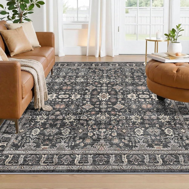 TOPRUUG Washable 6x6 Rug Square - Ultra Soft Living Room Area Rug Under Sofa Non-Slip Rugs for Bedroom Dining Room - Non-Slip & Stain Resistance Rugs for High Traffic Area (Dark Black Gray, 6x6)