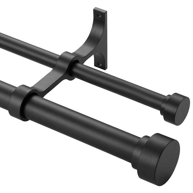 Heavy Duty Double Curtain Rods with Cylindrical Cap Finials 72 to 144” Telescoping Rod 1 Inch Diameter Front Rod and 5/8 Inch Diameter Back Rod Window Drapery Rods, Matte Black