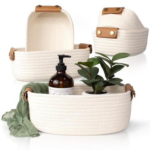 Beautiful Storage Basket Set of 5 - Sturdy Cotton Rope Baskets for Shelves Are Perfect for Organizing Your Home - Quality Storage Bins Easily Fit With Any Bathroom, Nursery or Bedroom Decor
