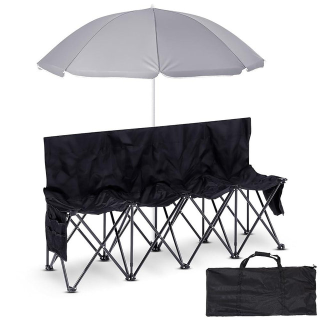 Cinnvoice 4 Seat Folding Soccer Bench with Umbrella Portable Sports Sideline Bench Chair with Carry Bag for Soccer Football Camp Beach Outdoor Seating, Black