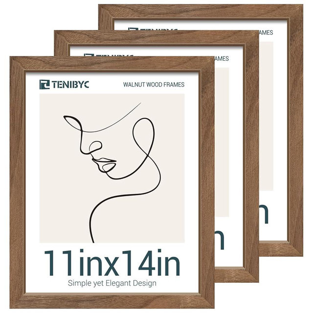 TENIBYC 11x14 Walnut Picture Frame 3 Pack with HD Glass - Natural Brown, Solid Wood Poster Frame, Wall Gallery Frame
