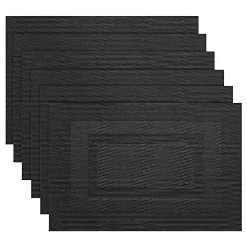 pigchcy Placemats,Washable Woven Vinyl Placemats for Dining Table,Easy to Clean Plastic Placemats Set of 6(18"X12",Black)