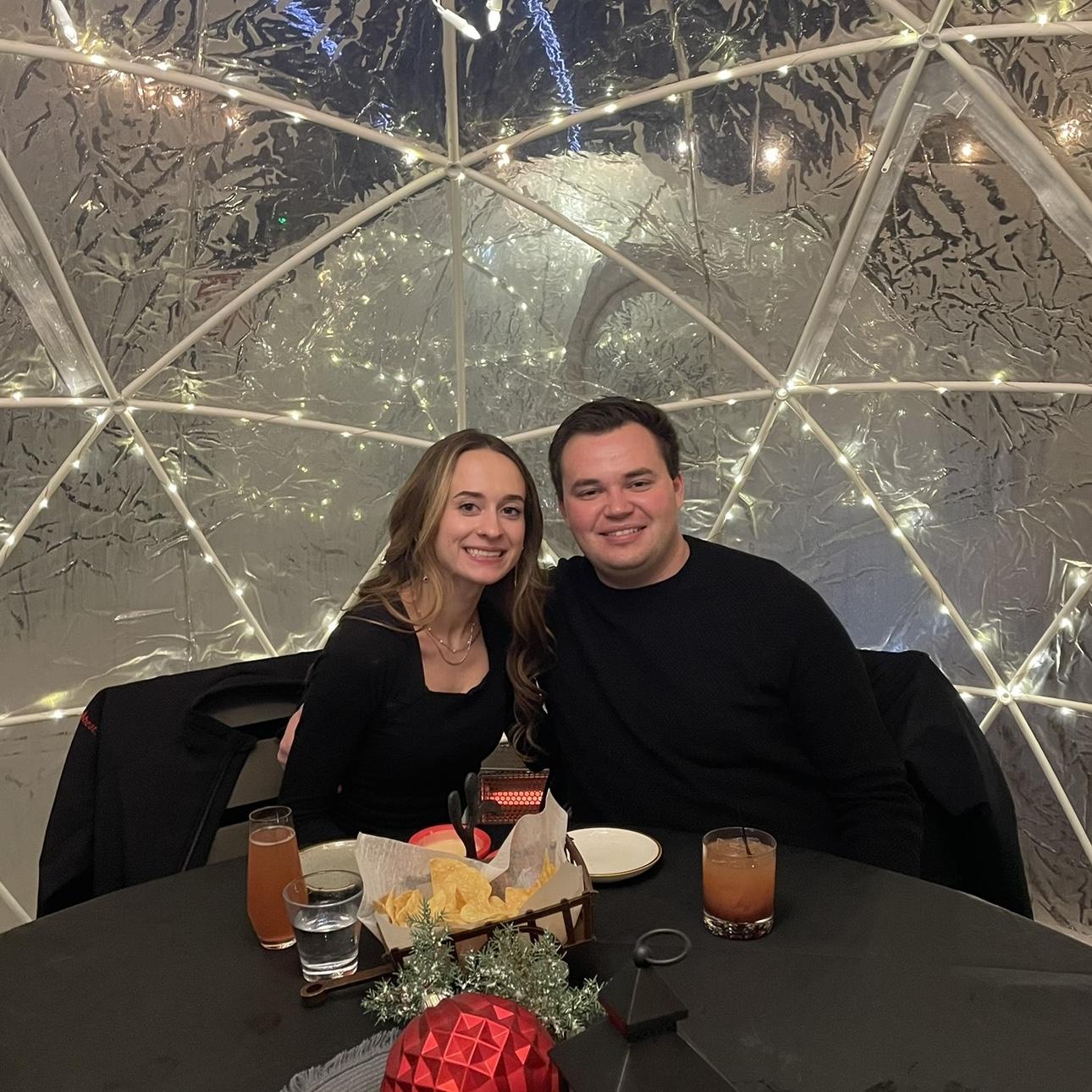 We celebrated our six-year anniversary early by having dinner in an igloo! The weather was chilly but our old fashioneds and mimosas kept us warm. February 2025.