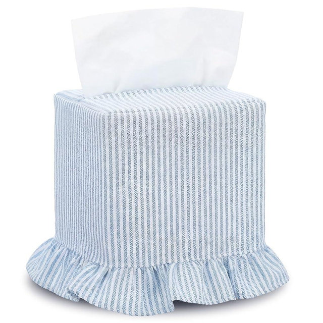 Sawysine Fabric Coastal Tissue Box Cover Light Blue White Linen Tissue Box Cover Decorative Beach Square Napkin Holder for Home Bedroom Living Room Bathroom Office Kitchen