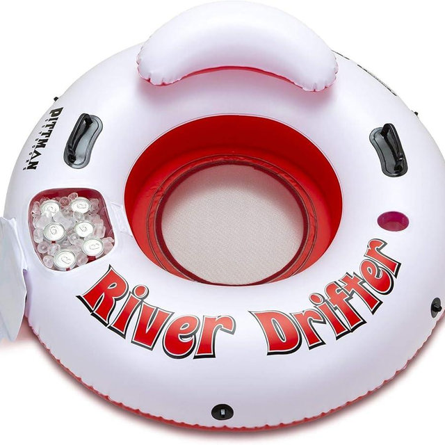 Pittman Outdoors River Drifter Inflatable Water Float Tube with Ice Chest Cooler, 1 Person
