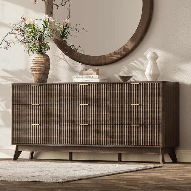 TROJM 63'' Wide 9 Drawers Dresser for Bedroom,Modern Fluted Vertical Chest with Rounded Corners,Fluted Dresser for Living Room,Hallway, Walnut