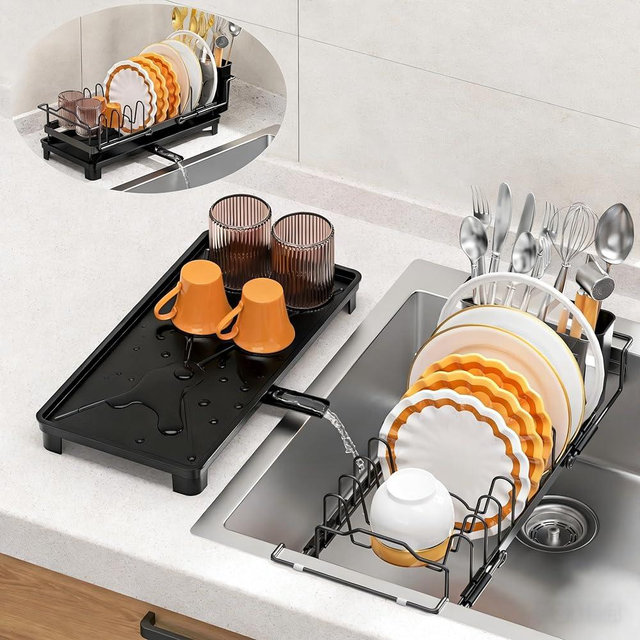 masadi Small Dish Drying Rack - Expandable Sink Dish Drying Rack Over Sinks with Drying Tray, Dish Drainer for Kitchen Counter with Adjustable Cutlery Holder, Space-Saving for Small Kitchens, Black