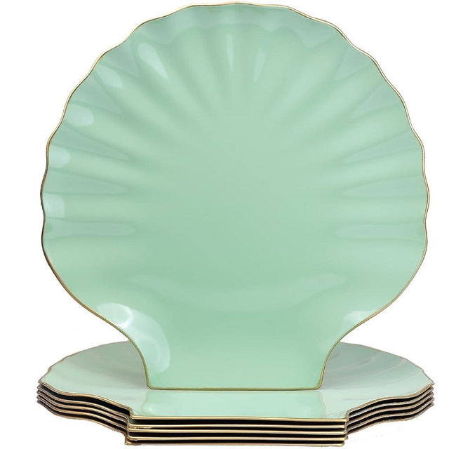 Spsyrine Green Charger Plates, 13" Set of 6 Scalloped Seashell Plastic Table Chargers for Dinner Plates, Wedding, Thanksgiving Christmas Events, Party, Tabletop Decor.