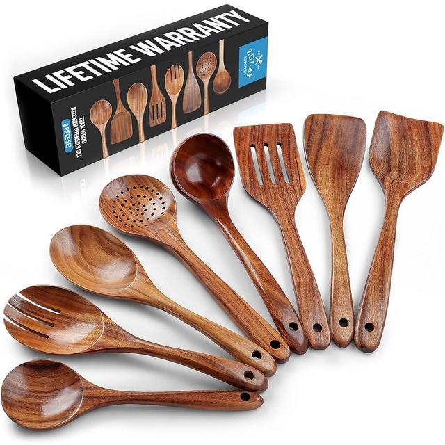 Zulay Kitchen Premium 8-Piece Wooden Spoons for Cooking - Smooth Finish Teak Wooden Utensils for Cooking, Smooth Finish Natural Teak Wood, Non-Stick Wooden Cooking Utensils - Handmade Wooden Utensils