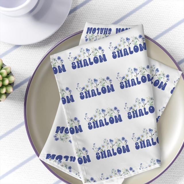 Shalom Blue Floral Cloth Napkins, Jewish Holiday Linens, Shabbat Home Decor, Jewish Holiday Gifts