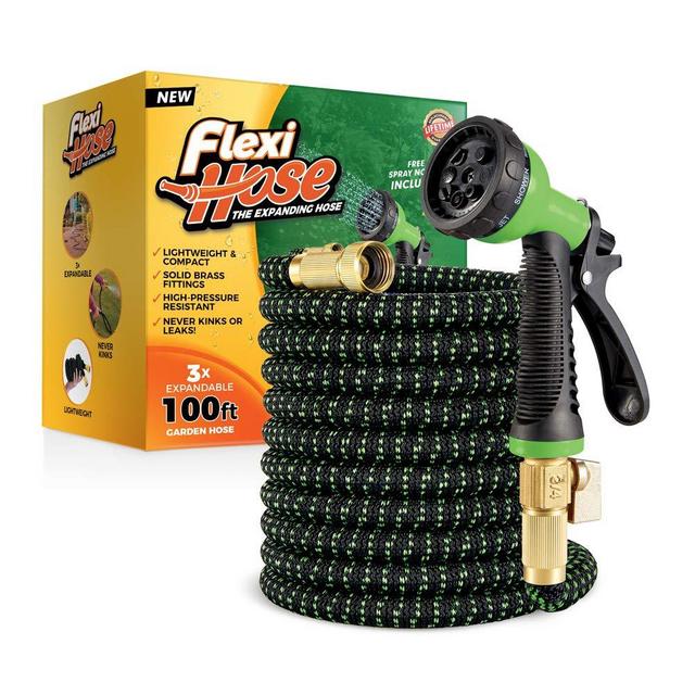 Flexi Hose Lightweight Expandable Garden Hose | No-Kink Flexibility - Extra Strength with 3/4 Inch Solid Brass Fittings & Double Latex Core | Rot, Crack, Leak Resistant (100 FT, Green/Black)