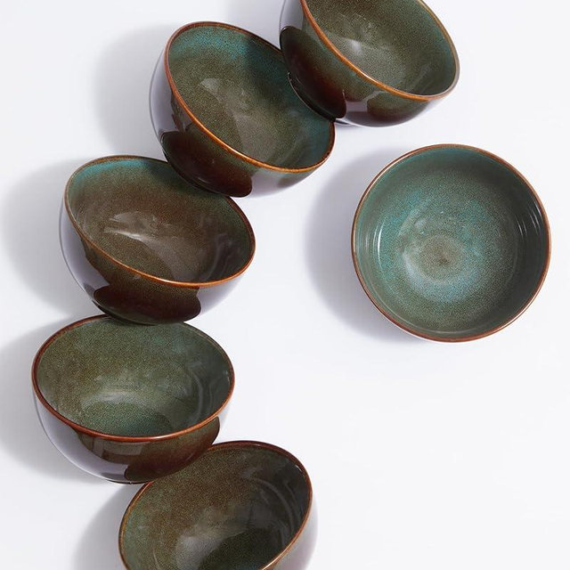 Pokini Stoneware Cereal Bowls Set of 6, 22 Oz Soup Bowls Set for Cereal Soup Snacks, Modern Kitchen Bowls for Meal, Dishwasher & Microwave Safe-Brown and Green