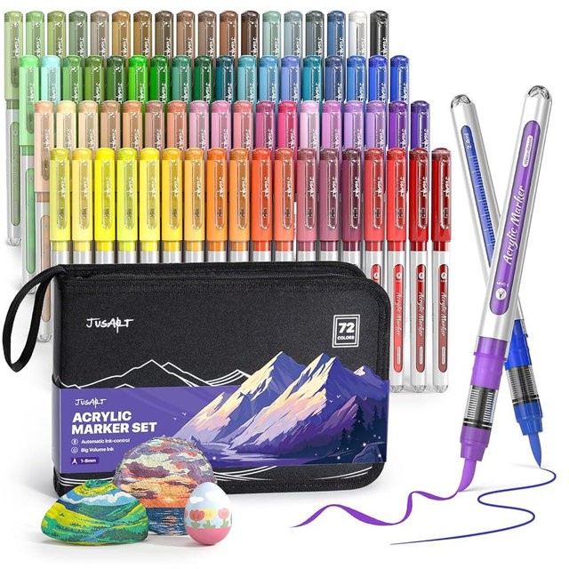 JusArt 72 Colors Acrylic Paint Markers with Canvas Bag, Water-Based No-Bleed Paint Pens with Automatic Ink Control, Waterproof Brush Tip Markers for DIY Art & Crafts -Eggs, Fabric, Rock, Glass, Metal