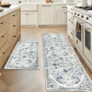 Jainiyah Anti-Fatigue Non-Skid Waterproof Kitchen Mat (Set of 2) - Blue/Beige, Runner 20" x 31.5" + 20" x 59"