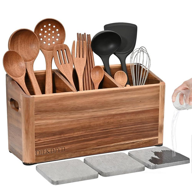 OIEKDJYD Wooden Utensil Holder for Kitchen Counter - Large Utensil Organizer with 3 Compartment, Cooking Tool Crock & Farmhouse Kitchen Accessories