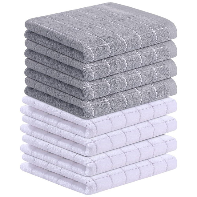 Homaxy 100% Cotton Terry Kitchen Towels(White and Light Grey, 13 x 28 Inches), Checkered Designed, Soft and Super Absorbent Dish Towels, 8 Pack